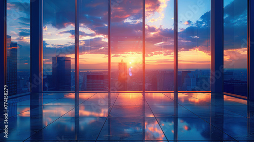 Spacious office or living space with large windows offering a stunning view of the sunset over city skyscrapers