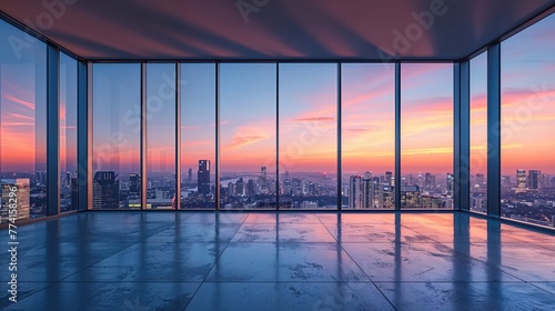 A luxurious corner room featuring wall-to-wall windows with a pink-tinted sunset city view and ample floor space photo
