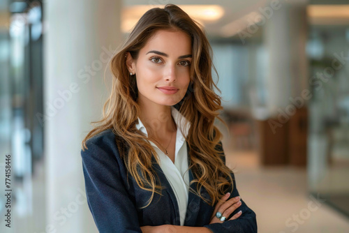 Portrait of successful business woman standing with arms crossed inside office in a corporate setting