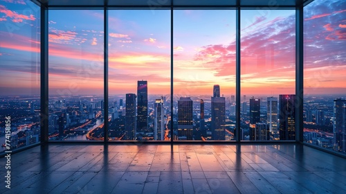 An expansive view from a modern space encapsulating an urban sprawl under a soft pink sky  reflecting a serene end-of-day moment