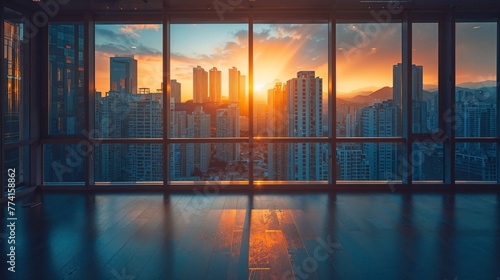 Golden rays of the setting sun bask the city in warm light, seen through the window of a lofty building
