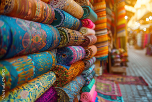 Colorful fabric rolls displayed in a traditional market