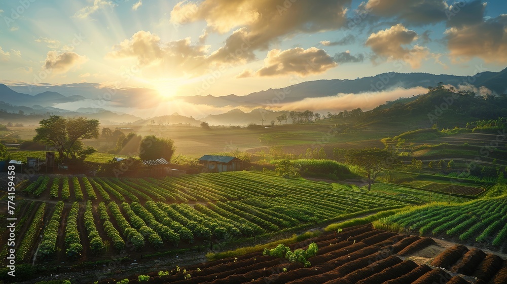 Gentle sunrise over a sustainable farm, highlighting organic farming practices and a connection to nature