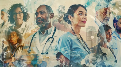 A composite image showing healthcare workers in various settings from hospitals to community centers all united by their commitment to care and help. 