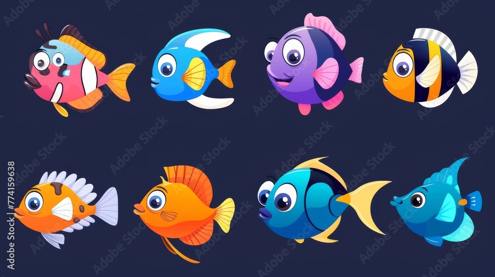 Animated cartoon fish with fins and smiling lips. Set of funny sea and ocean animals. Collection of aquatic bottom wildlife habitats. Animated cartoon fish with fins and smiling lips. Set of funny sea and ocean animals. Collection of aquatic bottom wildlife habitats.