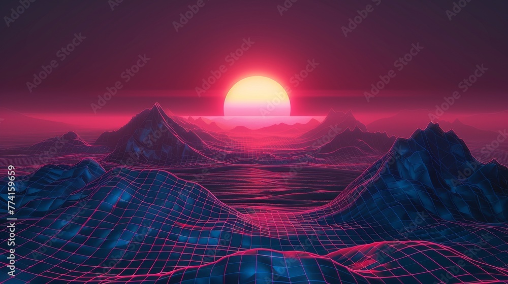 Realistic modern illustration of new retro wave backdrop in 80s style with a grid mountain and neon pink sunset. Abstract wireframe geometric hills landscape.