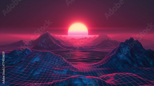 Realistic modern illustration of new retro wave backdrop in 80s style with a grid mountain and neon pink sunset. Abstract wireframe geometric hills landscape. photo