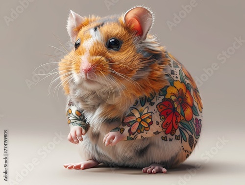 Small brown Hamster with flower tattoo and cute expression sitting on a white background