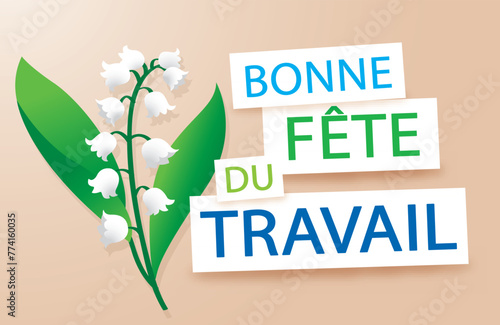 Muguet du 1er Mai - Fête du travail - Carte beige horizontale - Illustration vectorielle
