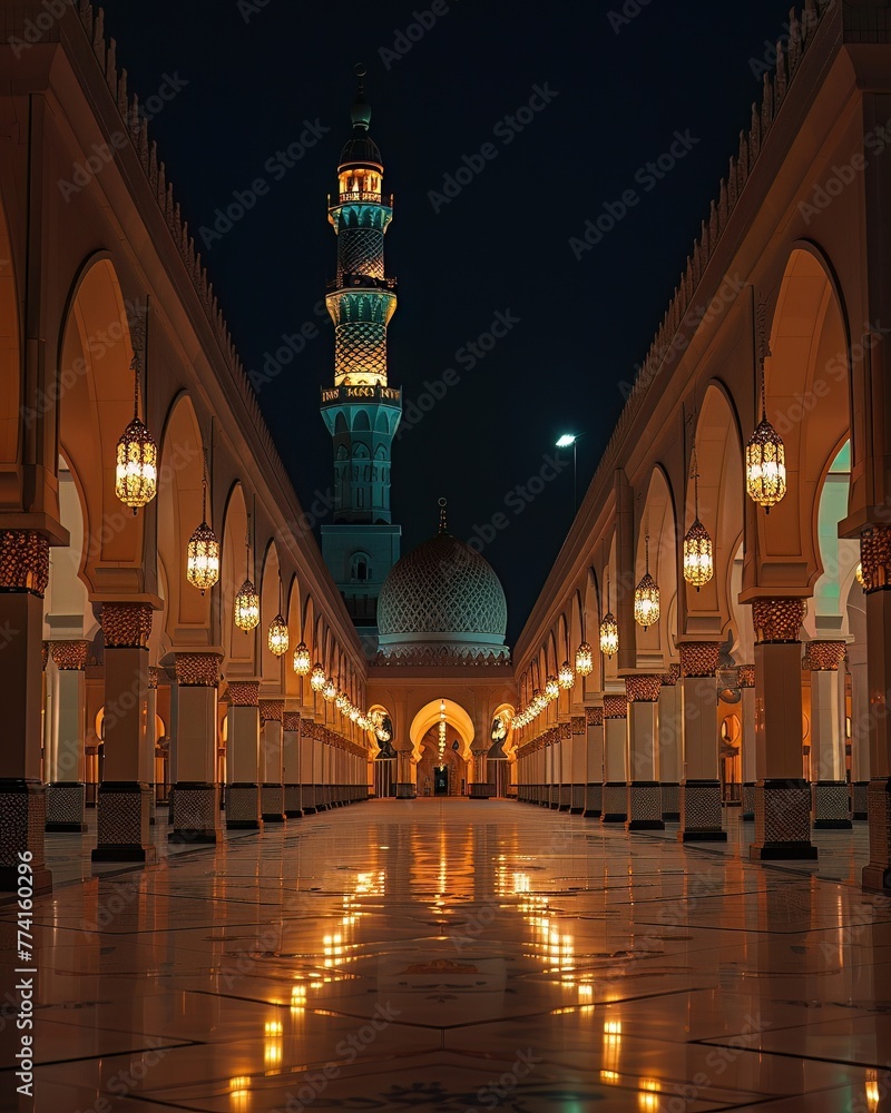 A mosque courtyard at night, lit by rows of lamps, empty and serene