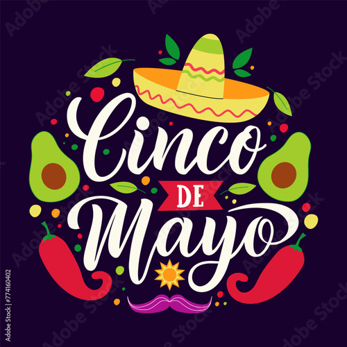 Cinco de Mayo - May 5  federal holiday in Mexico. Fiesta banner and poster design with guitar  sombrero  tequila  confetti. Lettering calligraphy inscription Cinco de Mayo. Vector illustration.