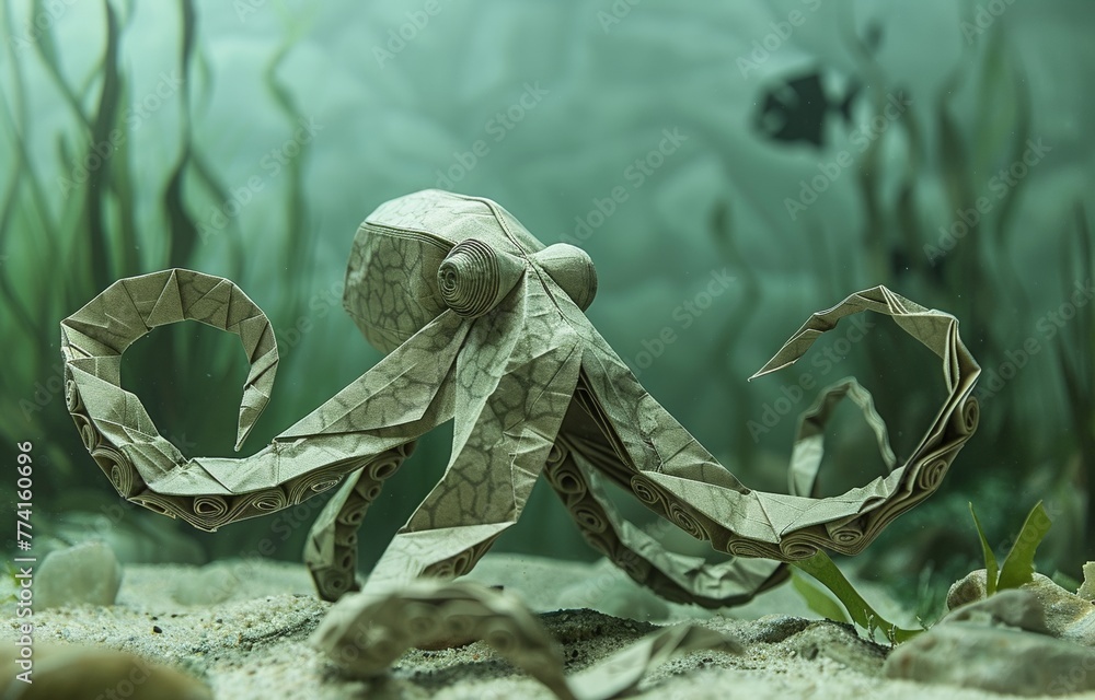 Fototapeta premium Amidst the realistic undersea world, an origami octopus camouflages with its surroundings, its tentacles intricately folded, exploring the ocean floor
