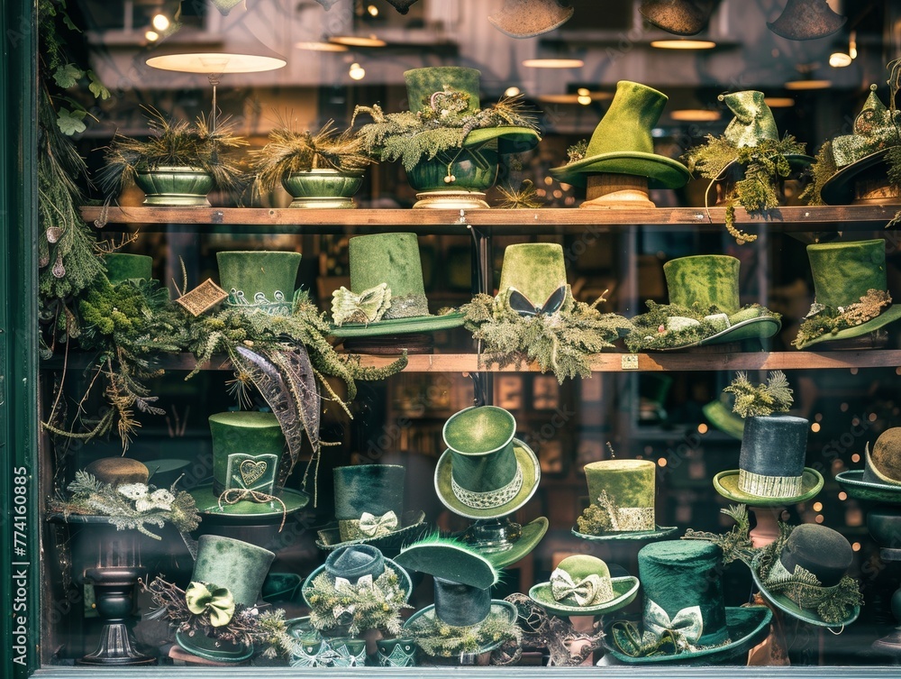 An array of green hats and costumes displayed in a shop window, in anticipation of Saint Patrick's Day An array of green hats and costumes displayed in a shop window, in anticipation of Saint Patrick's Day