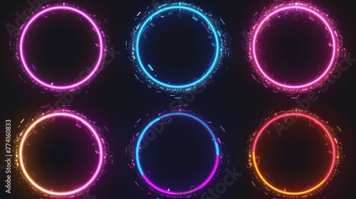 The neon circle picture has a glitchy effect showing TV color bugs and digital distortions. The abstract geometric holographic border has a geometric design with geometric distortions and digital