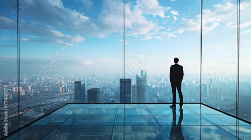 Solitary Executive Contemplating Leadership Atop Towering Skyscraper Overlooking Expansive Urban Skyline