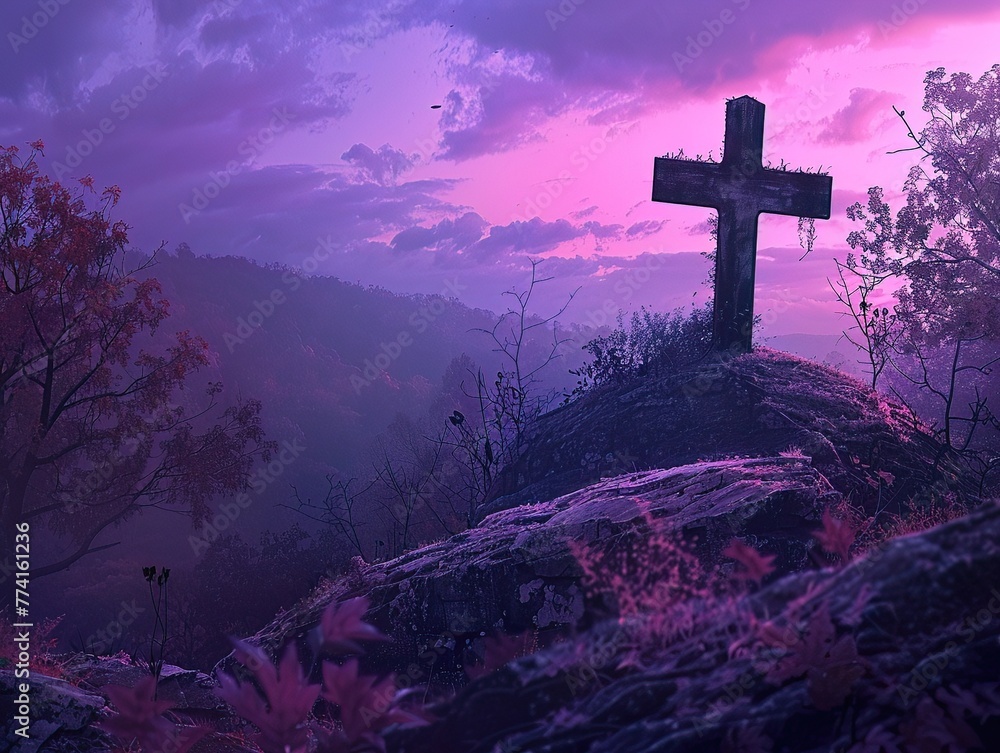 A lone cross stands vigilant on a hill, twilights purple hues draping over the silent woods, falls final colors glowing softly - obrazy, fototapety, plakaty 