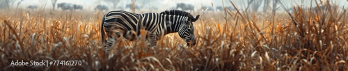 An origami zebra grazes in a realistic savannah  its striped paper body blending with the tall grasses and the distant herd