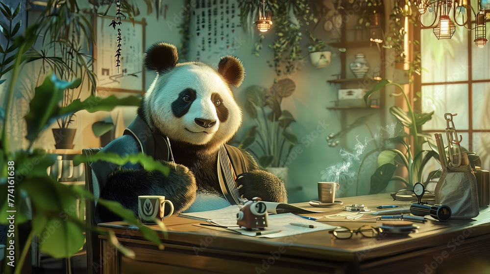 A panda in a relaxed business outfit, in a creative brainstorming session, embodying balance and thoughtfulness - obrazy, fototapety, plakaty 