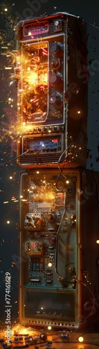 A 3D model of a retro radio emitting sparks, parts disassembled, showcasing internal damage and malfunction , studio lighting
