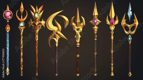 A set of golden spear forks decorated with gemstones isolated on black background. Modern cartoon illustration, a game rank asset, a poseidon power symbol, a nautical weapon, and a design element for