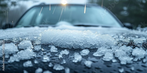 Large icy hail on vehicle hood post intense hailstorm, Generative AI  photo