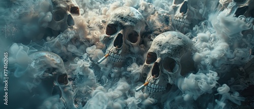 A chilling scene with multiple skulls in a smoky underworld, cigarettes in their jaws, portraying a smokera s hell , Prime Lenses