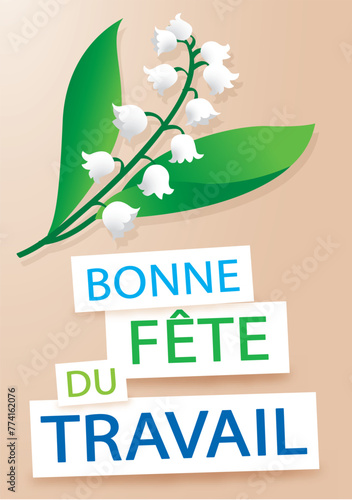 Muguet du 1er Mai - Fête du travail - Carte beige verticale - Illustration vectorielle