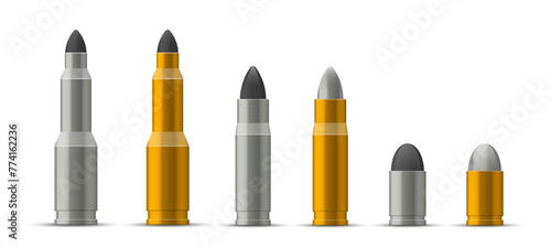 Shiny button vector set. Bullets for pistol and rifle. Firearm ammo illustration.