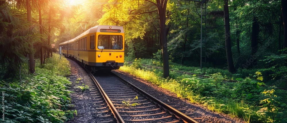 A train cuts through an autumnal forest, its bright yellow exterior contrasting beautifully with the rich, warm tones of the surrounding trees and undergrowth.