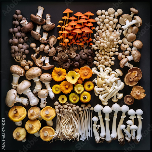 A view of a variety of mushrooms in all shapes and colors arranged neatly on a dark background, showcasing a variety of food ingredients