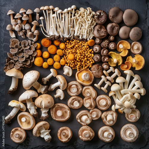 A view of a variety of mushrooms in all shapes and colors arranged neatly on a dark background, showcasing a variety of food ingredients