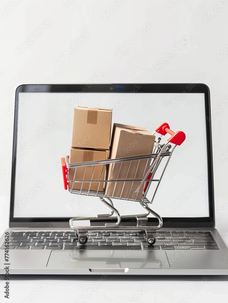 A shopping cart loaded with cardboard packages is placed on top of a laptop, representing the convergence of online ordering and physical product fulfillment in the ecommerce industry.