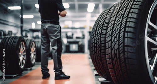 Automotive Expert Inspecting Tyres in a Modern Tire Shop