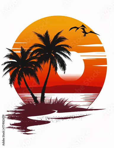 Sunset at the beach with palms trees silhouette and clouds. Vintage style vector. © Got Pink?