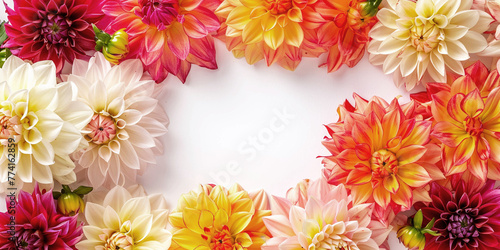 Photo of a frame of colorful dahlias creating a bright and cheerful setting for children s drawings or greeting cards