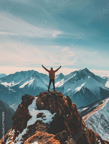 A hiker stands victoriously at the top of a towering mountain, arms outstretched against a backdrop of breathtaking alpine scenery bathed in the warm glow of the setting sun.