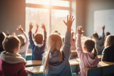 Engaged Elementary Students Eagerly Raising Hands in Sunny Classroom