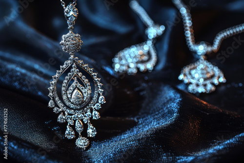An elegant diamond pendant and earrings set on silk