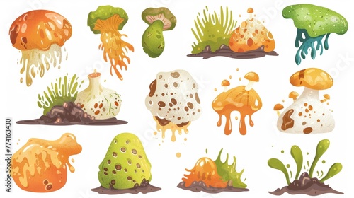 Food rotting and contaminated with mold. Cartoon modern illustration of dirty spoiled vegetables. Molded damaged meal contaminated with fungal spots for composting or recycling concept. Dangerous