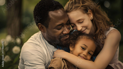 black african man with white wife and daugther hug in outdoors , diversity multi racial family hapinnes photo