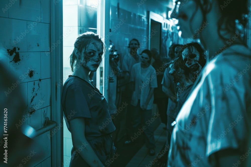 A nurse barricading a hospital ward door, with zombies trying to break in, showcasing a tense standoff , Prime Lenses A nurse barricading a hospital ward door, with zombies trying to break in, showcasing a tense standoff , Prime Lenses