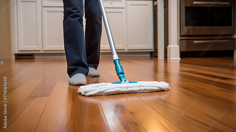 Fototapeta premium Sunlit Living Room Floor Being Cleaned with Modern Mop, sunlight