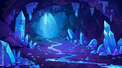 Modern cartoon illustration of a dark underground mine with mineral stones on the walls, puddles of water on the ground, treasure grotto, jewelry mining dungeon, and a game background.