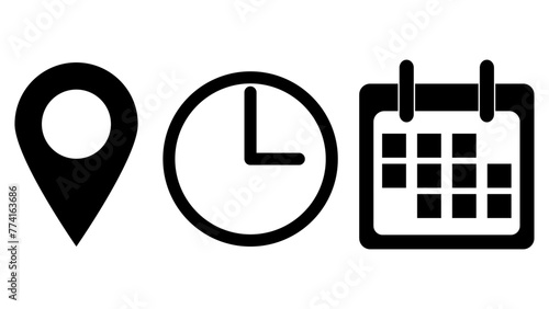 location pin, pointer, direction fill icon, time, clock line icon, calendar icon with transparent background-01