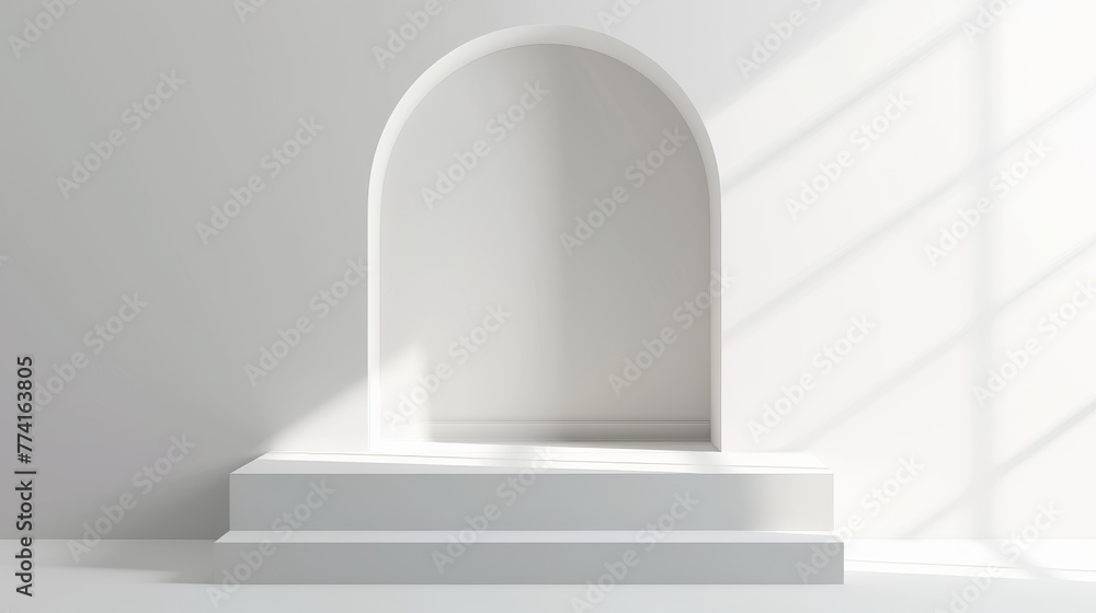 Modern illustration of white minimalistic platform and pedestal of square and arch shapes with a product podium behind it. Modern illustration of white minimalistic platform and pedestal of square and arch shapes with a product podium behind it.
