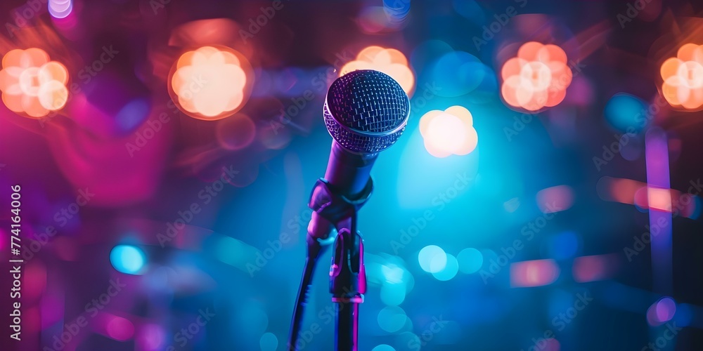 Vibrant karaoke show with neon lights on stage creating a lively atmosphere for a musical performance. Concept Neon Lights, Karaoke Show, Lively Atmosphere, Musical Performance, Vibrant Energy - obrazy, fototapety, plakaty 