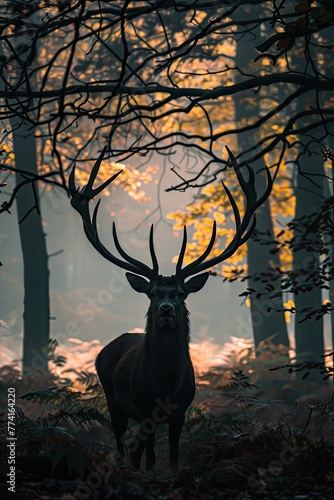 A majestic stag stands in an autumn forest with sun filtering through the leaves
