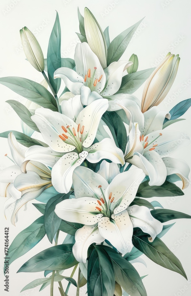 Pristine white lilies captured in a detailed watercolor illustration Pristine white lilies captured in a detailed watercolor illustration