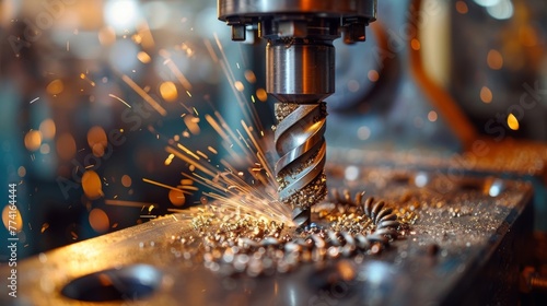 Close-up image of a drill press working on drilling through a steel surface with the focus on the metallic debris produced. photo