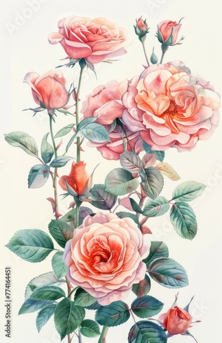 A stunning watercolor display of roses in varying shades of pink  capturing their romantic essence